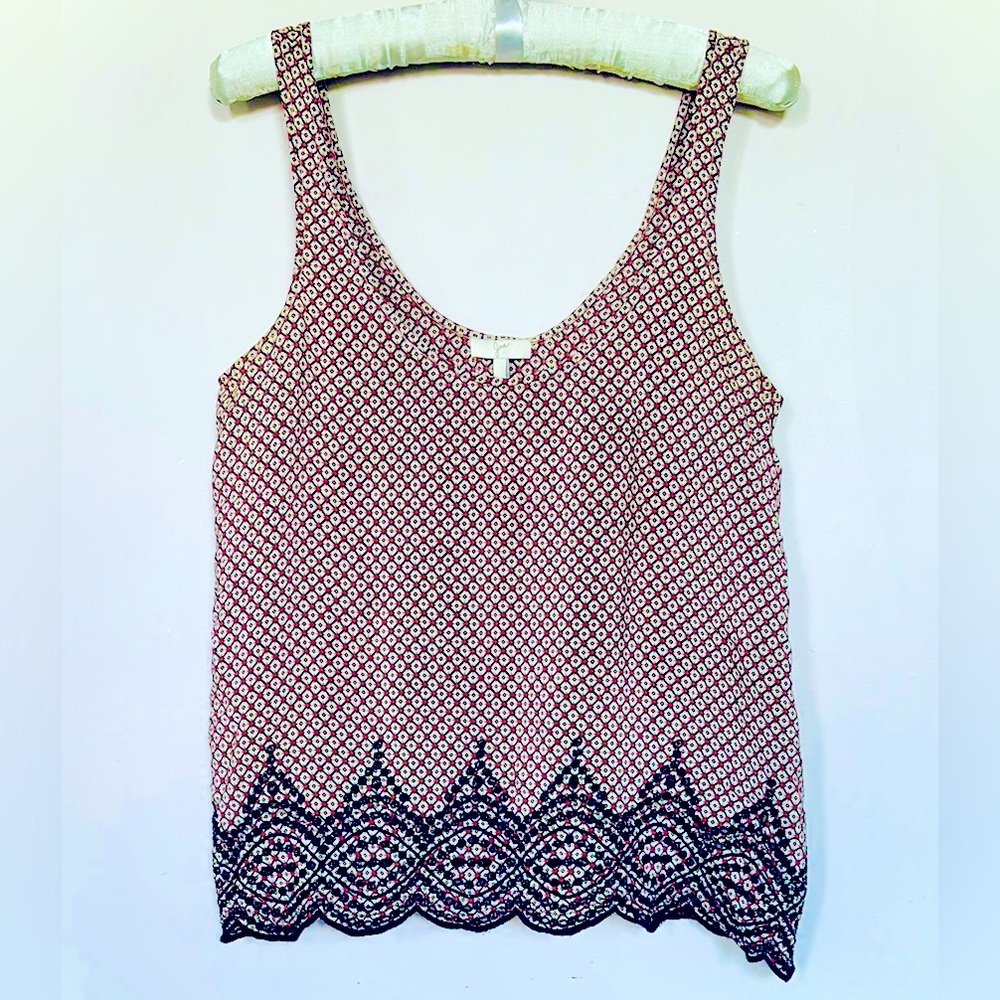 Joie Red/Black Geometric Sleeveless Silk Tank Top with Embroidered Trim - M